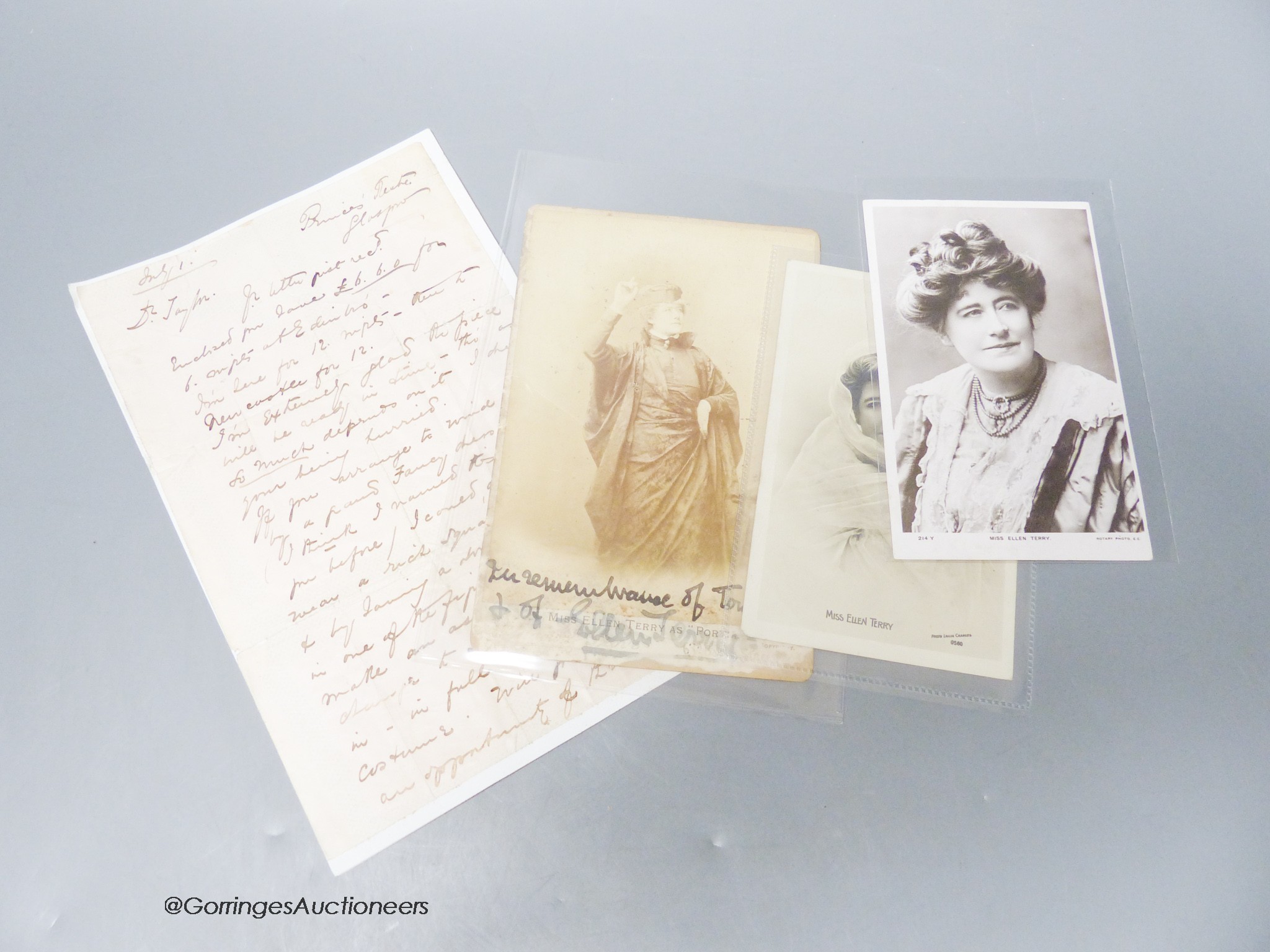 Ellen Terry, actress; signed photograph 'In remembrance of Tony, 1904', two postcards, 'The Story of my Life' published by Hutchinson & Co., and a 2 page inscribed letter to her tailor.